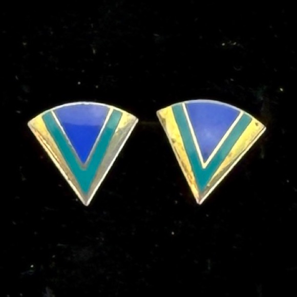Vintage Laurel Burch, Triangular, Goldtone, And Blue Pierced Earrings